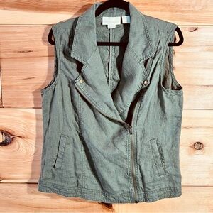 Cynthia Rowley Y2K Olive 100% Linen Sleeveless Moto Zip Top Vest